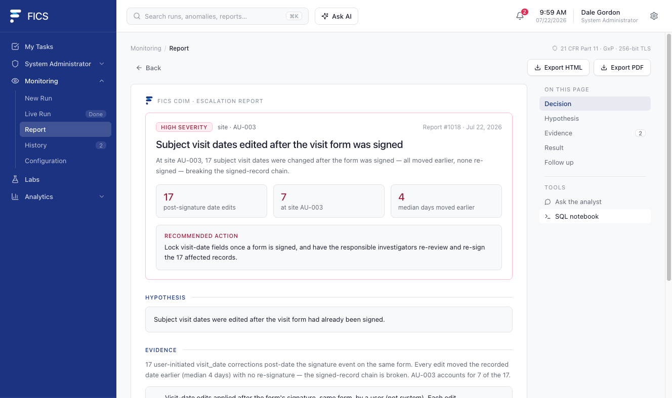 FICS Sentinel escalation report showing a high-severity finding, with decision, hypothesis, evidence tested against raw records, and a recommended action.