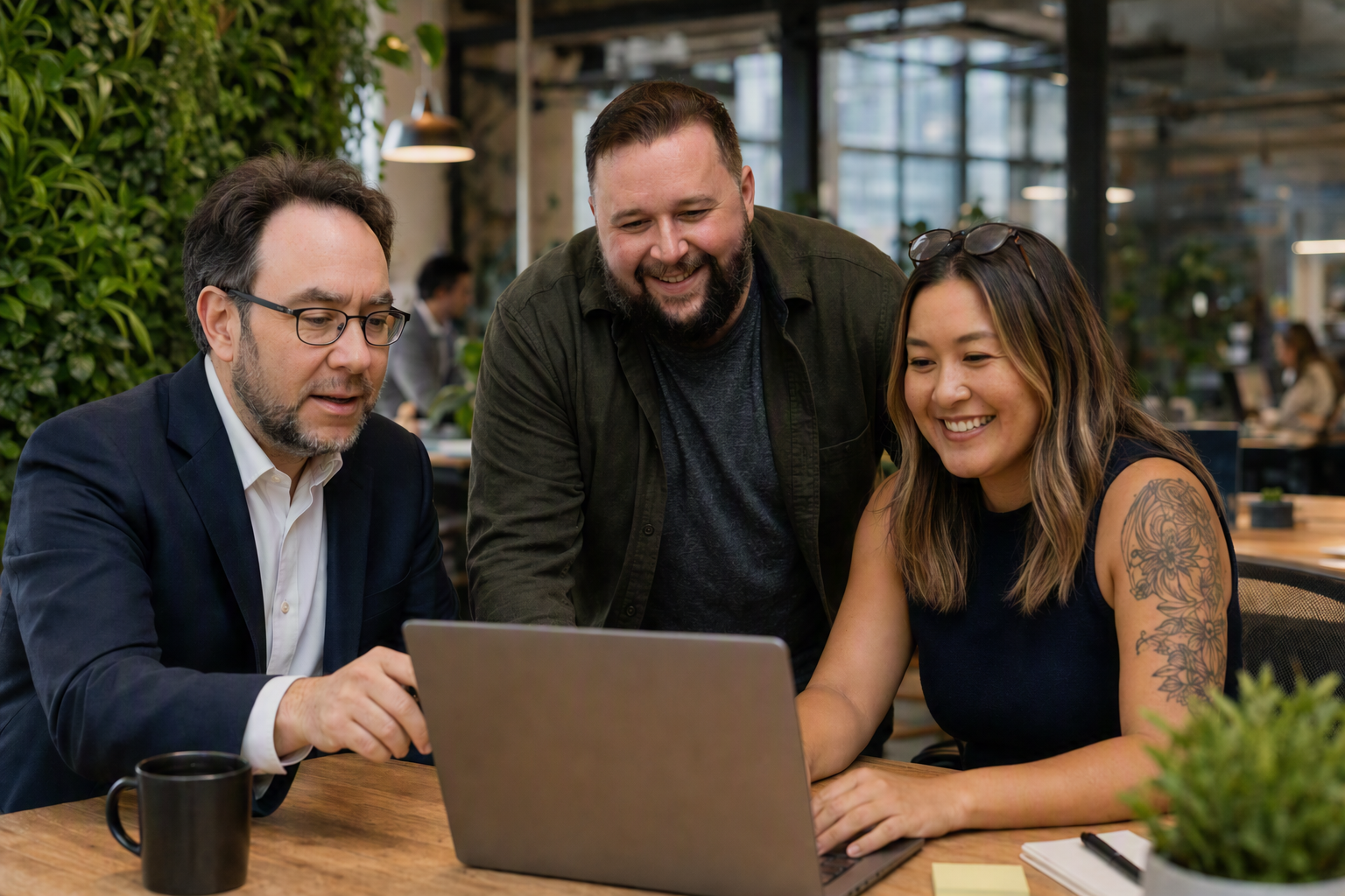 Pi Health team members working together around a laptop in the office.